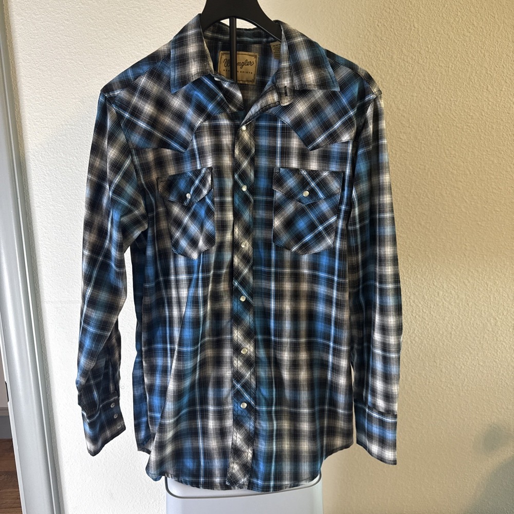Wrangler Men's Pearl Snap Shirt Blue Plaid Long Sleeve Size M